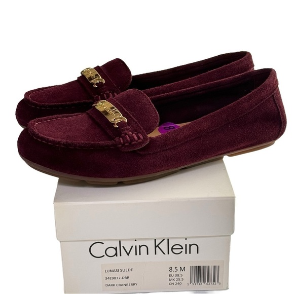 NWT Calvin Klein Lunasi Suede Leather Loafers Dark Cranberry size 8.5 - Picture 1 of 13